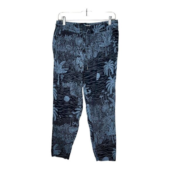 H&M x Desmond & Dempsey Pants Womens 6 Blue Linen Tropical Print Casual Joggers - Picture 1 of 13